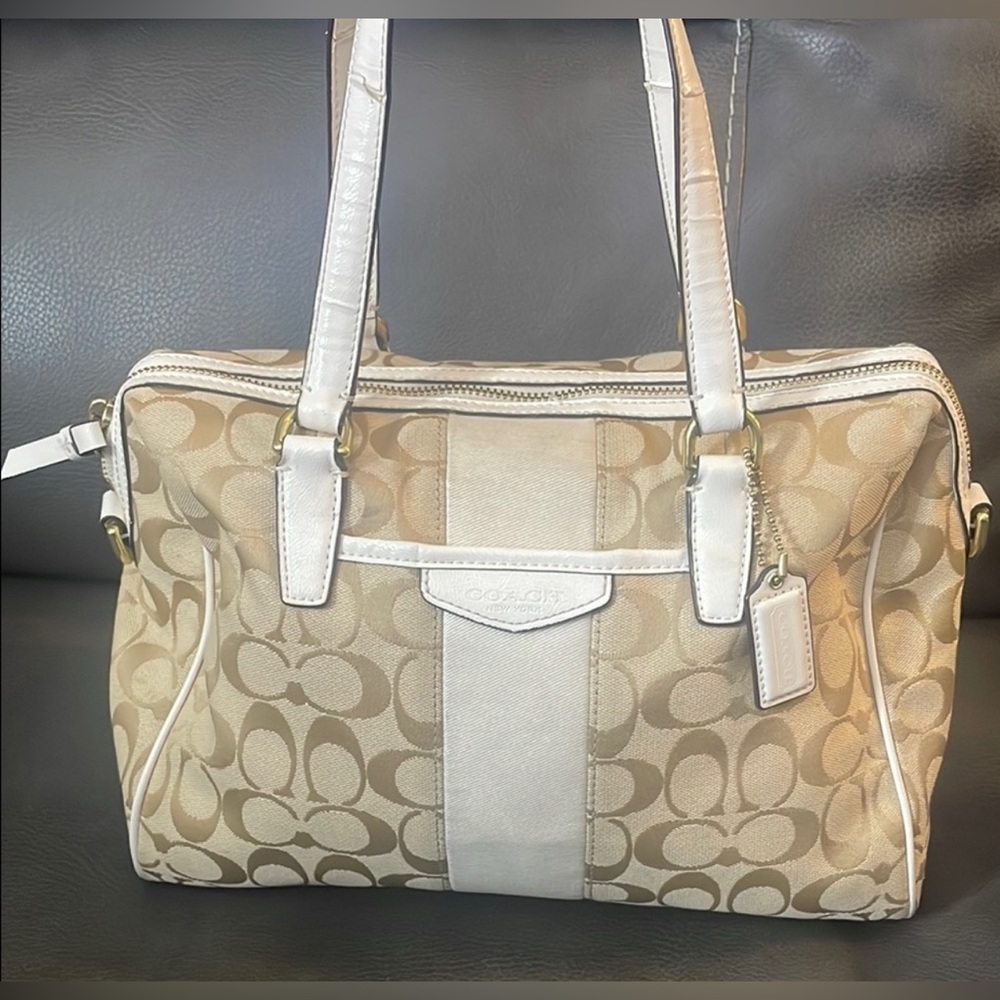 Coach Signature Beige and White Tote Bag with D rings